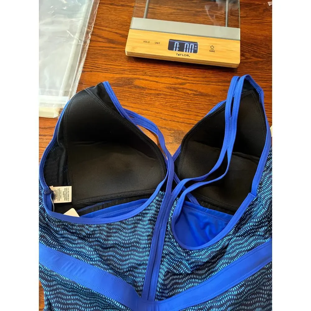 LL Bean NEW ReNew V Neck Tank One Piece Swimsuit Size 18 Blue Print UPF 50